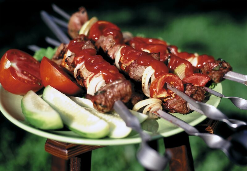 Grilled Meat Skewers — Green, Appetizing, Photograph