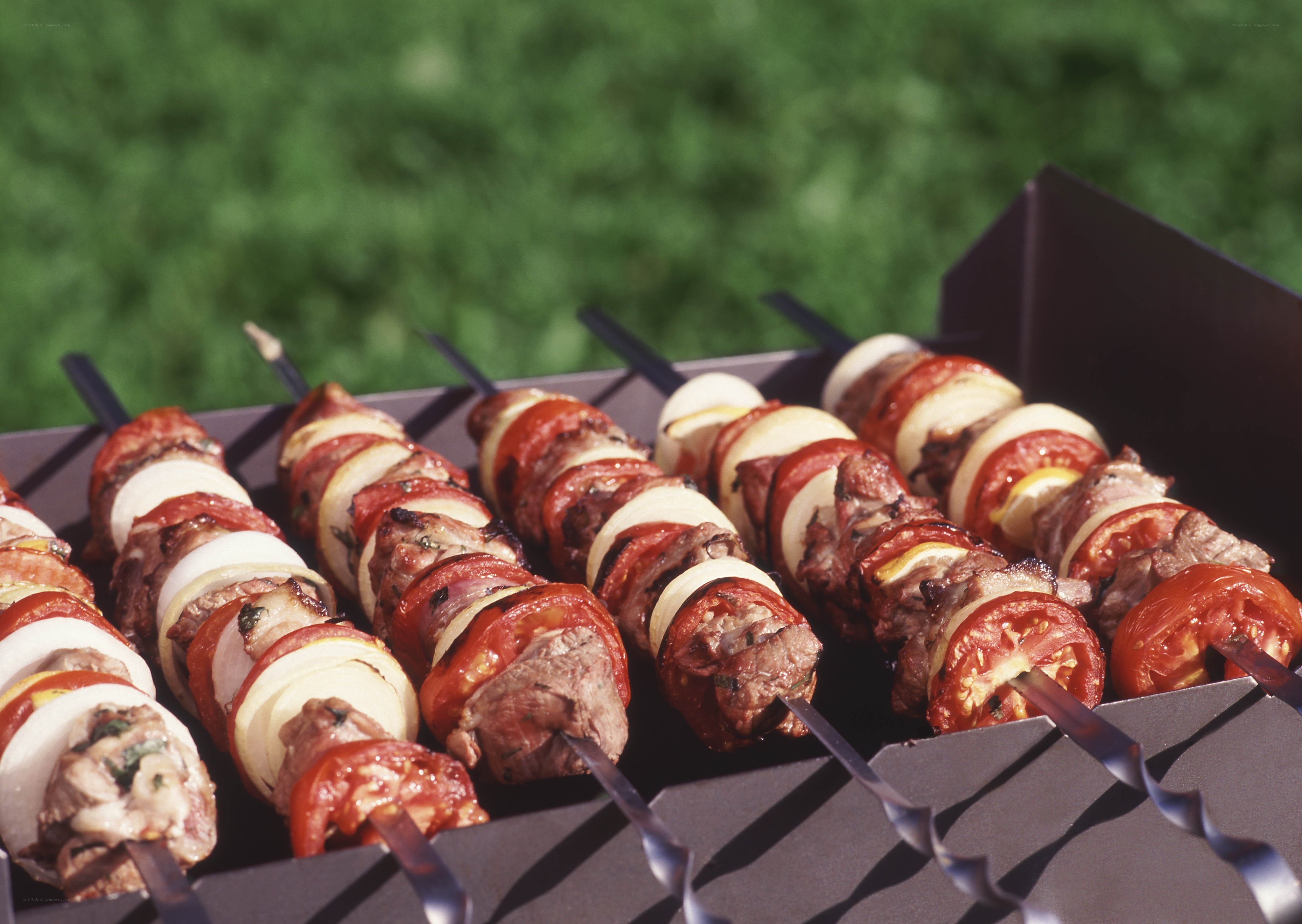 Grilled meat skewers on barbecue