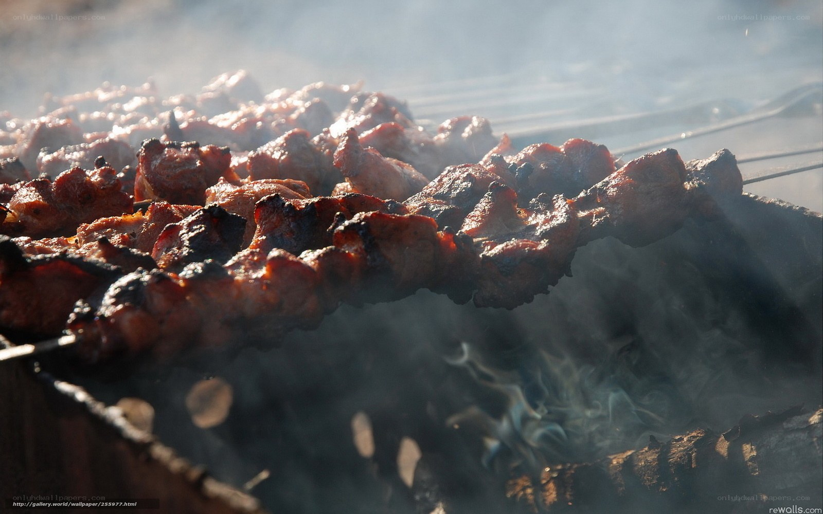 Grilled meat skewers on charcoal