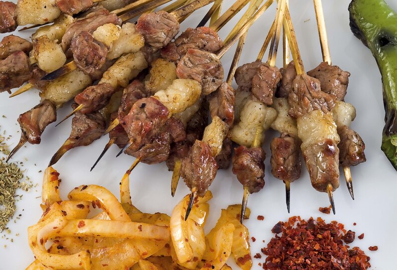 Grilled Meat Skewers — White, Appetizing, Photograph