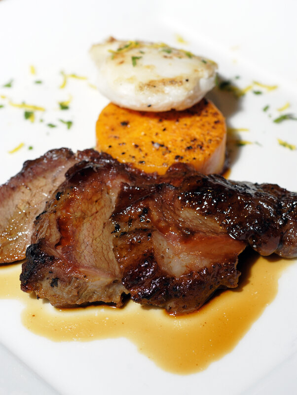 Grilled meat with scallop and sweet potato