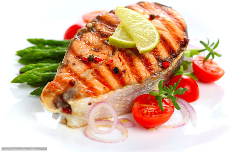 Grilled Salmon Fillet — White, Fresh, Photograph, Asparagus, Tomatoes, Lime