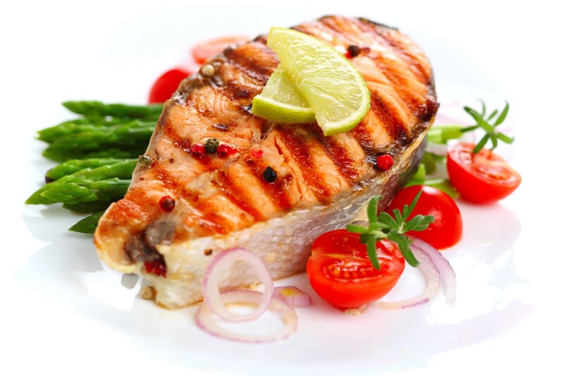 Grilled Salmon Fillet — White, Fresh, Photograph, Asparagus, Tomatoes