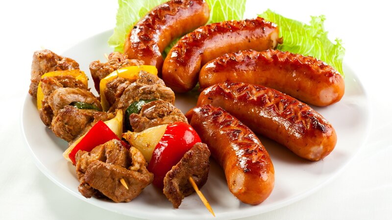 Grilled sausages and skewers