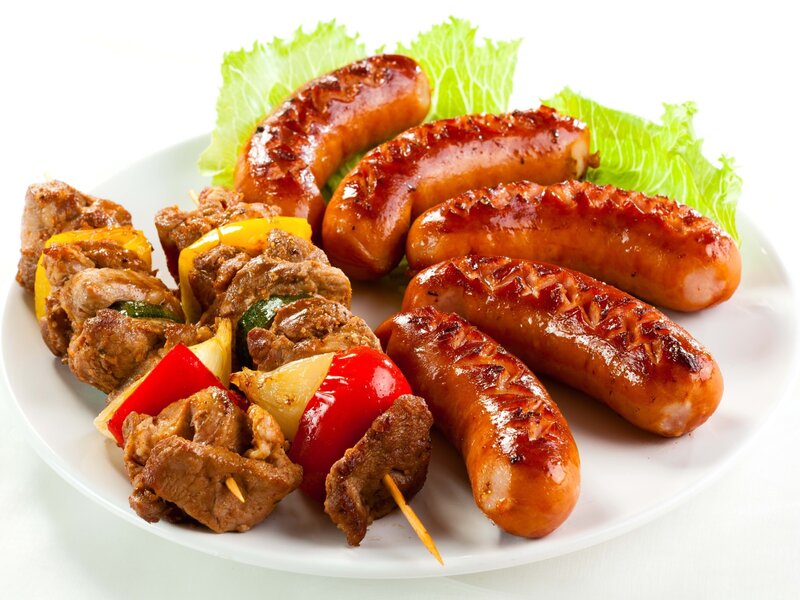 Grilled Sausages and Skewers — White, Appetizing