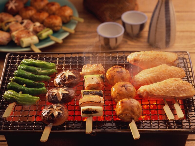 Grilled skewers on a barbecue