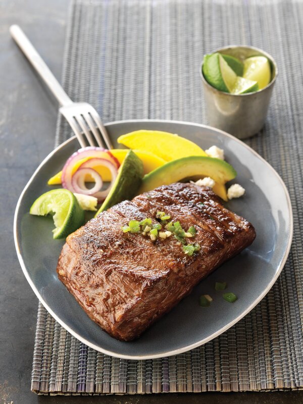 Grilled steak with avocado and mango