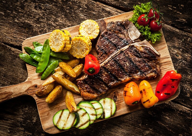 Grilled Steak with Vegetables — Brown, Appetizing, Photograph, Corn