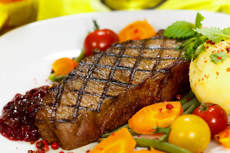 Grilled Steak with Vegetables — Brown, Appetizing, Photograph, Mashed Potatoes
