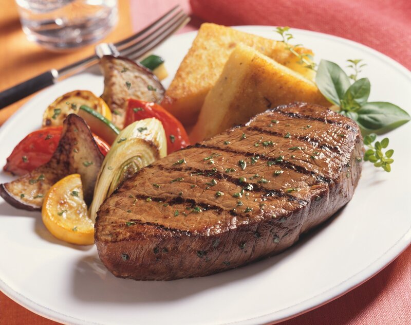 Grilled Steak with Vegetables — Brown, Appetizing, Photograph, Polenta, Herbs