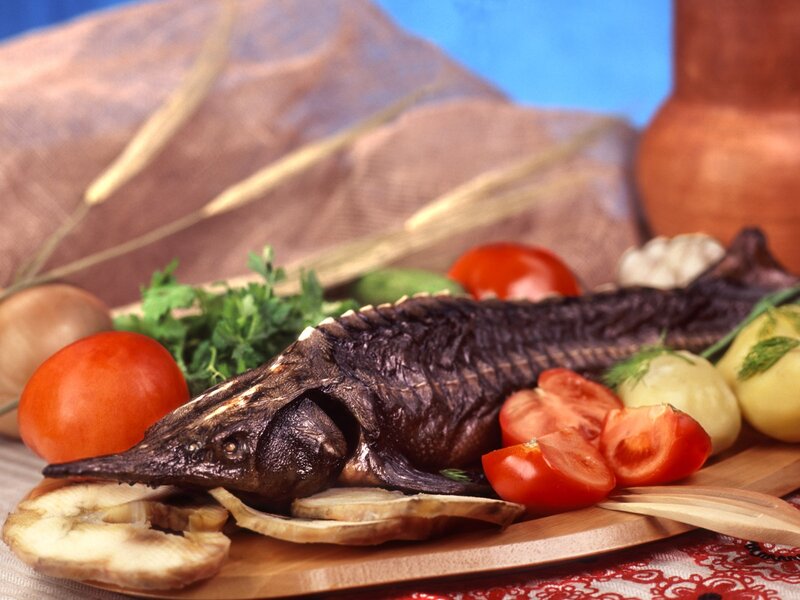 Grilled sturgeon with vegetables