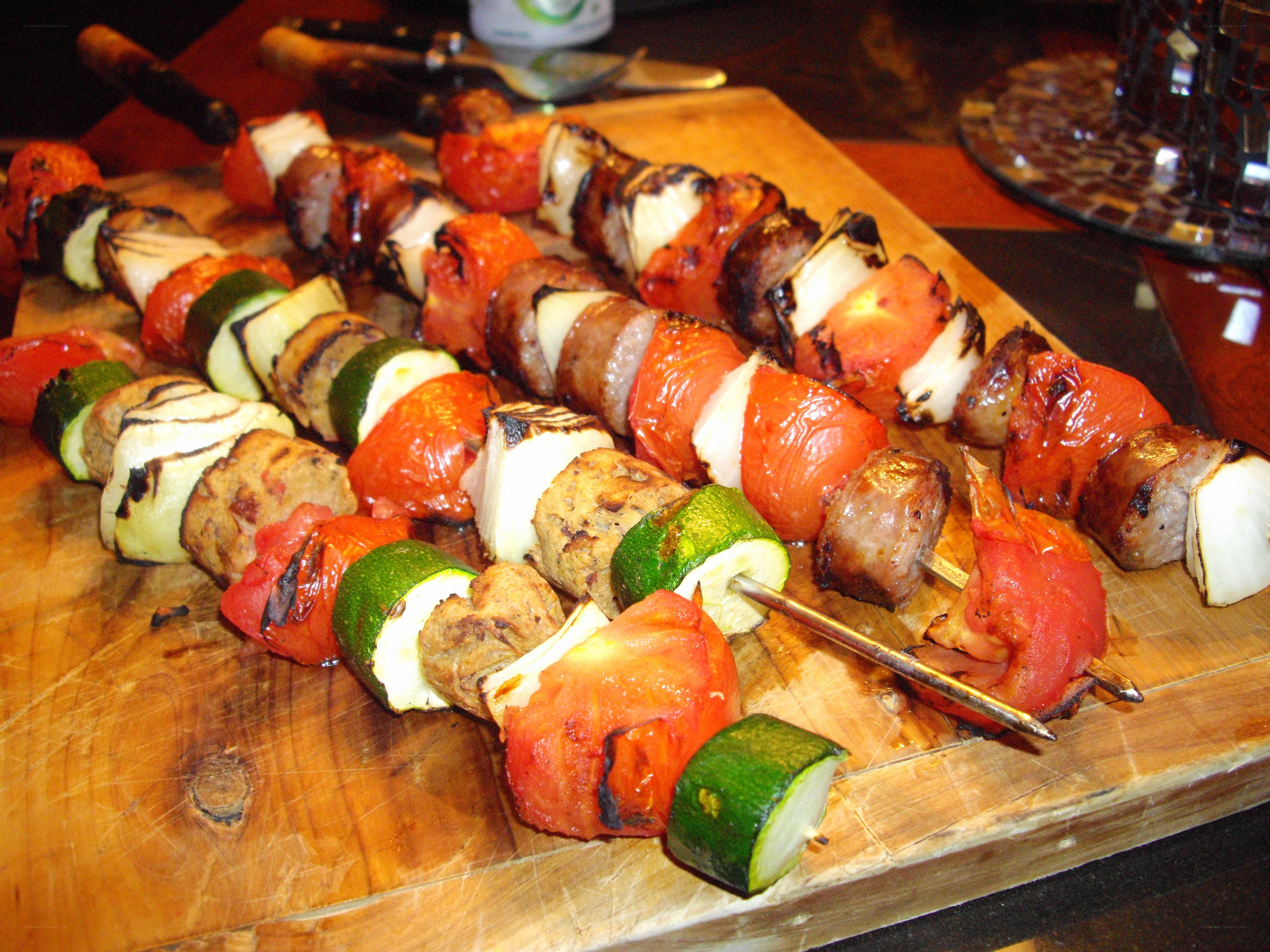 Grilled vegetable and sausage skewers