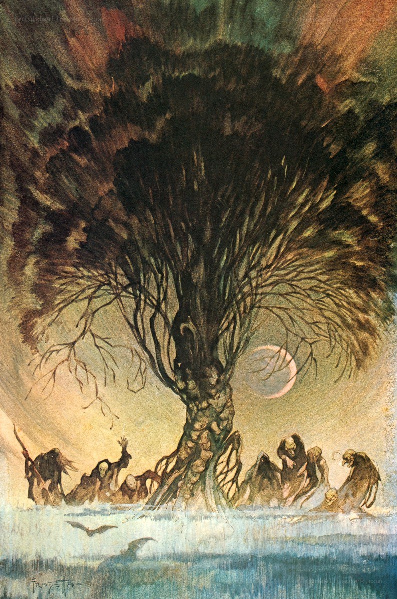 Grim forest scene with figures
