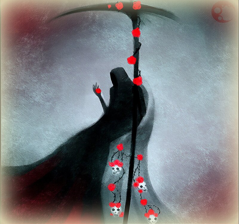 Grim Reaper Figure — Black, Dark, Digital Art, Scythe, Skulls