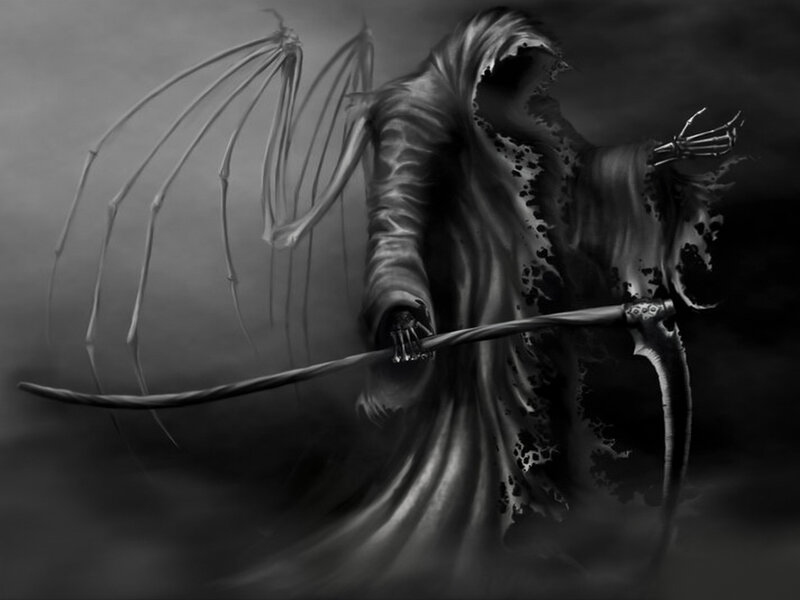 Grim Reaper Figure — Black, Dark, Digital Art, Scythe, Wings