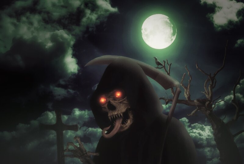 Grim Reaper Figure — Black, Dark, Night, Digital Art, Full Moon