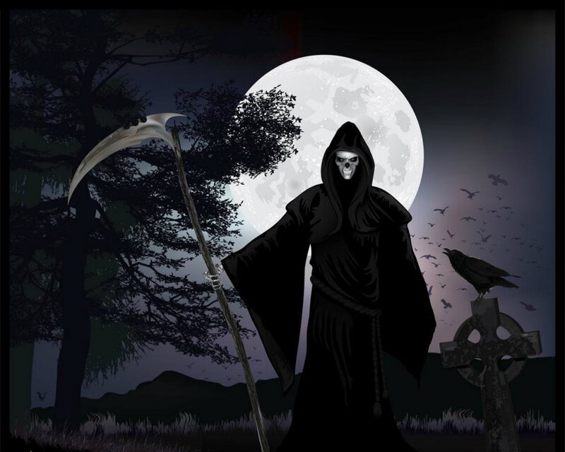 Grim Reaper Figure — Black, Dark, Night, Digital Art, Moon, Raven