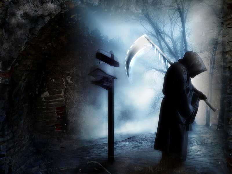 Grim Reaper Figure — Black, Dark, Night, Digital Art, Scythe, Fog, Trees