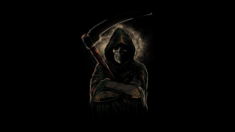 Grim Reaper Figure — Black, Dark, Night, Digital Art, Scythe, Tattooed Arm