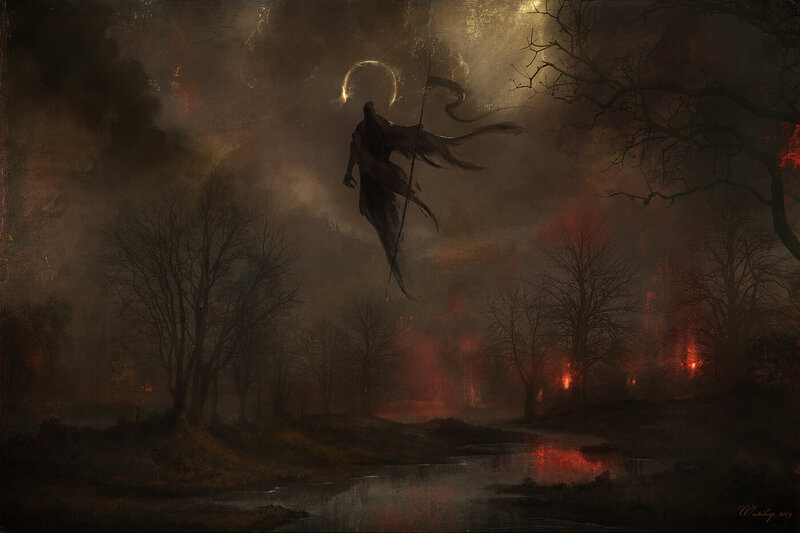 Grim Reaper Figure — Black, Dark, Night, Digital Art, Tree