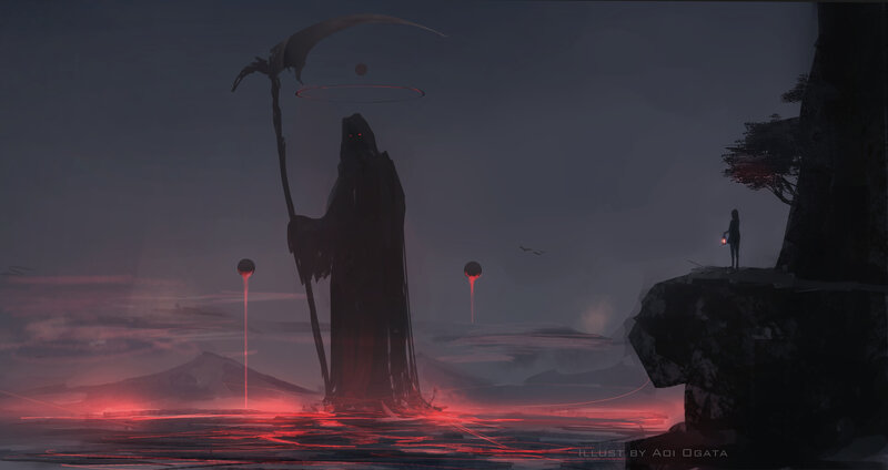 Grim Reaper Figure — Black, Dramatic, Night, Digital Art, Person with Lantern