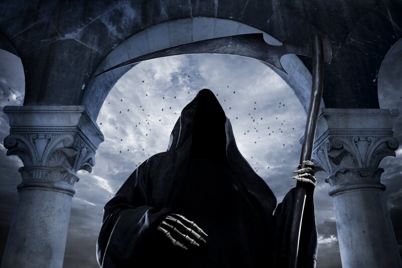 Grim Reaper Figure — Black, Dramatic, Night, Digital Art, Scythe, Archway