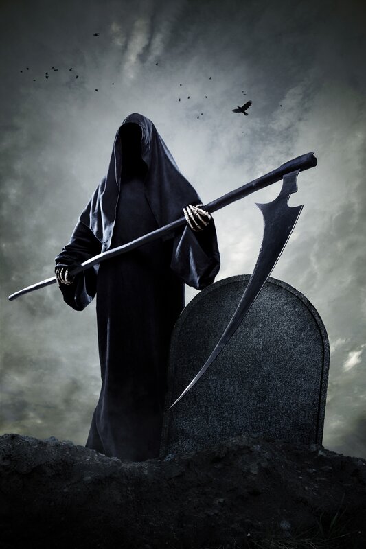 Grim Reaper Figure — Black, Dramatic, Night, Digital Art, Scythe, Gravestone