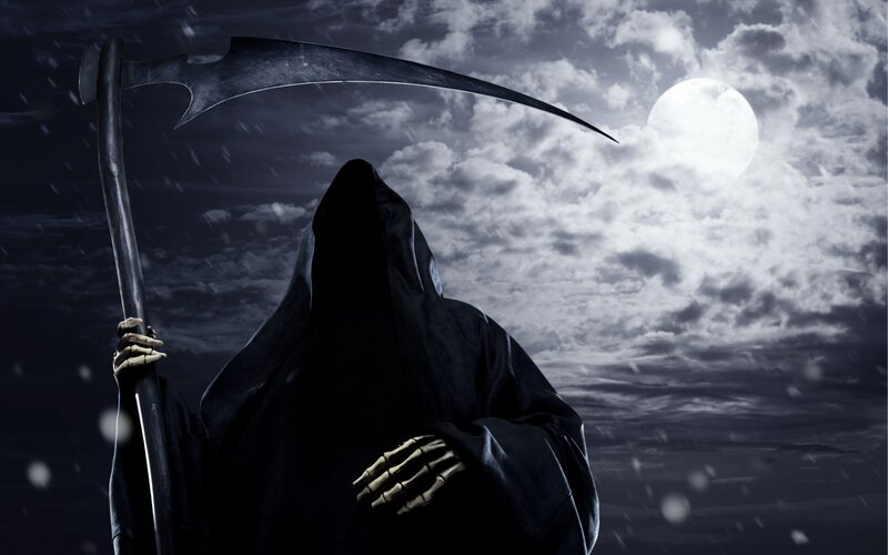 Grim Reaper Figure — Black, Dramatic, Night, Digital Art, Scythe, Moon, Clouds