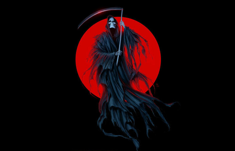 Grim Reaper Figure — Black, Dramatic, Night, Digital Art, Scythe, Red Circle