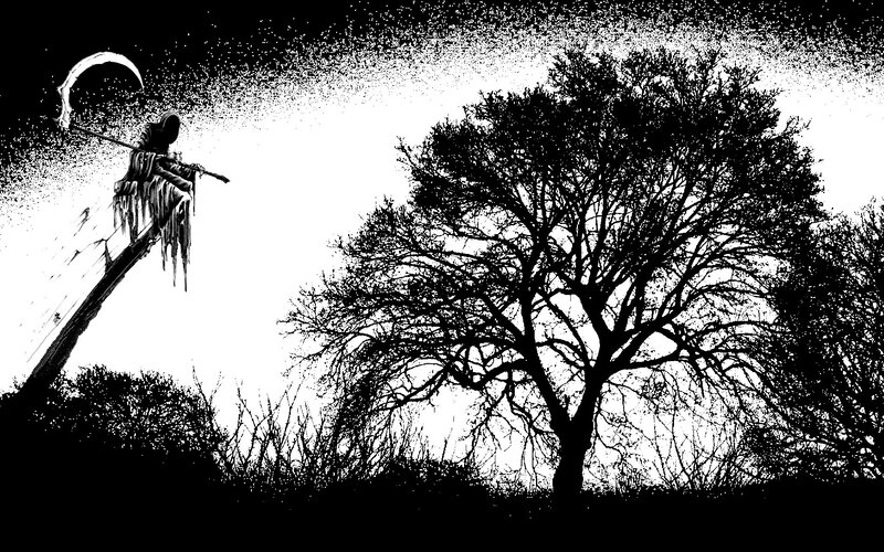 Grim Reaper Figure — Black, Dramatic, Night, Manga, Tree