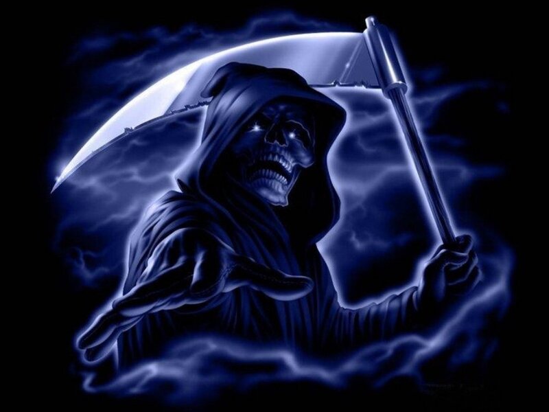 Grim Reaper Figure — Blue, Dramatic, Night, Digital Art, Scythe, Skull