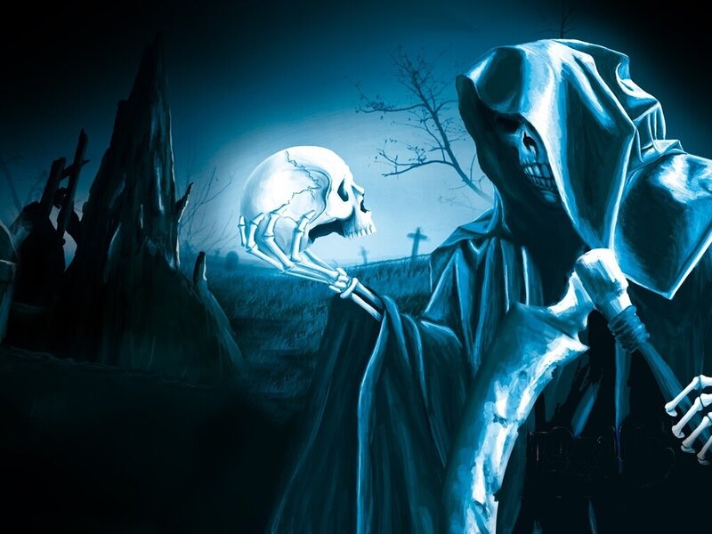 Grim Reaper Holding Skull — Blue, Dark, Night