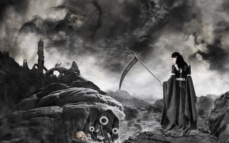Grim reaper in a desolate landscape