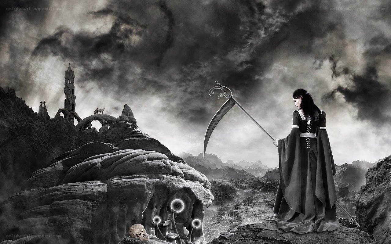 Grim reaper in a desolate landscape
