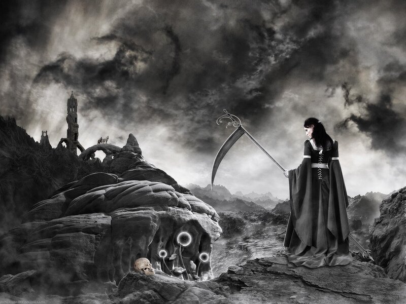Grim reaper in a desolate landscape