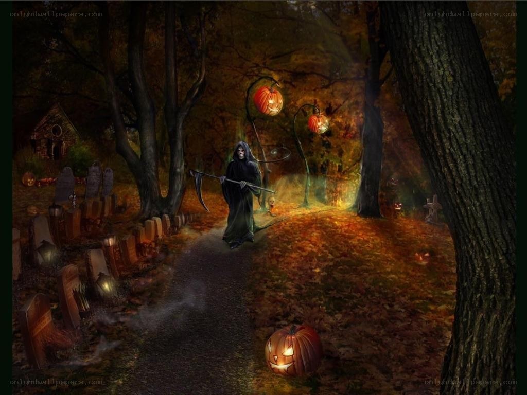 Grim Reaper in a Halloween graveyard