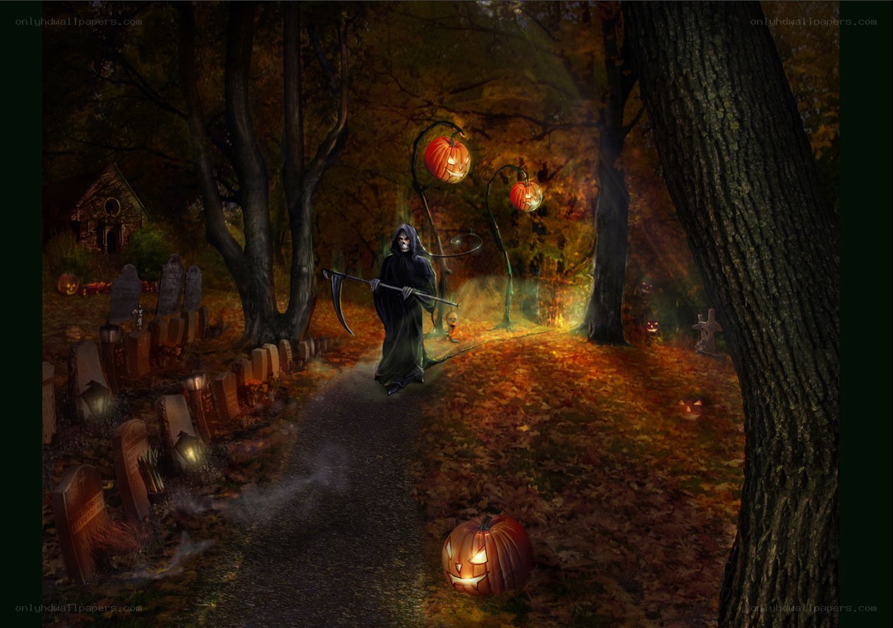 Grim Reaper in a Halloween graveyard