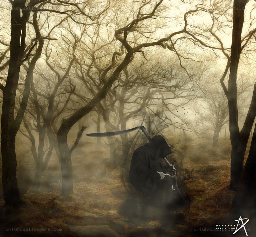 Grim Reaper in a misty forest