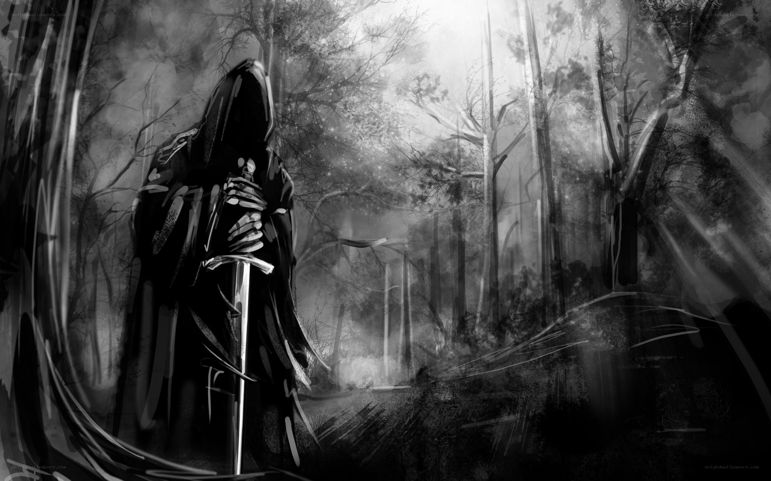Grim reaper in a misty forest