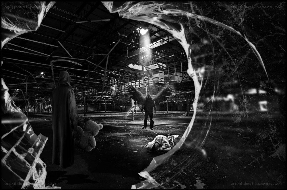 Grim reaper in abandoned warehouse