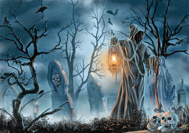 Grim Reaper in Cemetery — Blue, Dark