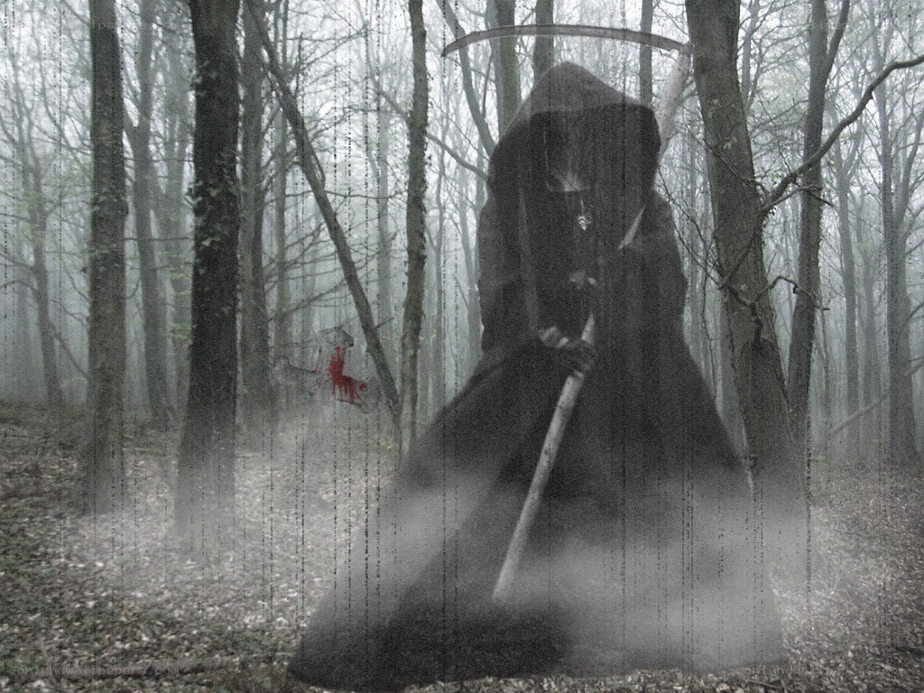 Grim reaper in misty forest