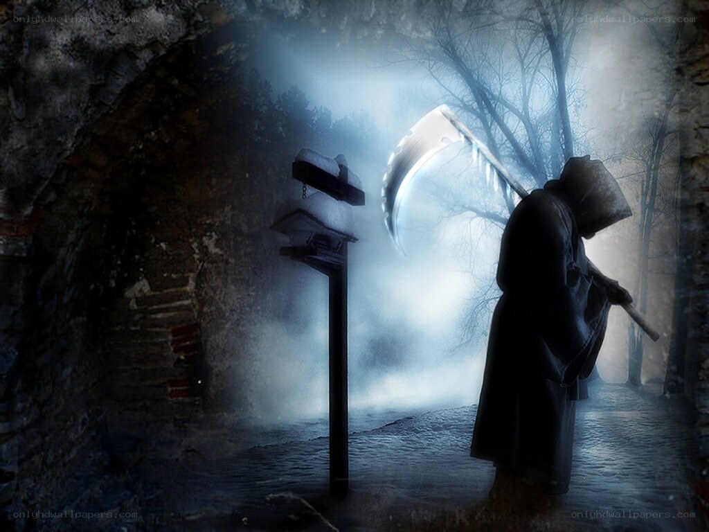 Grim reaper in misty forest