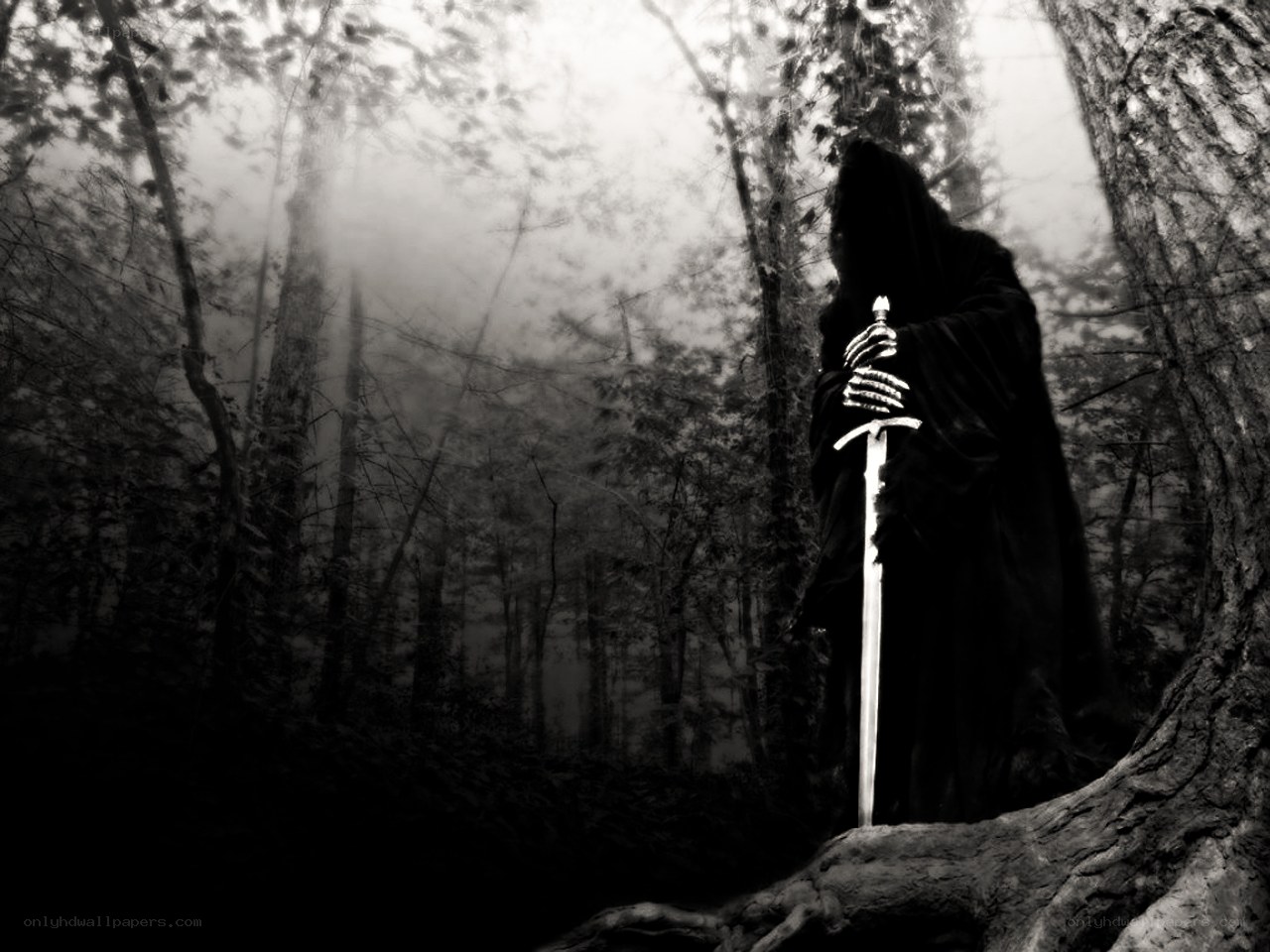 Grim reaper in misty forest