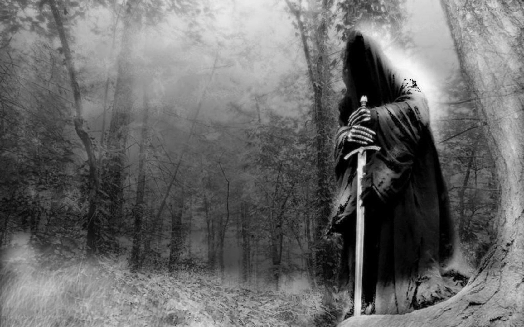 Grim reaper in misty forest