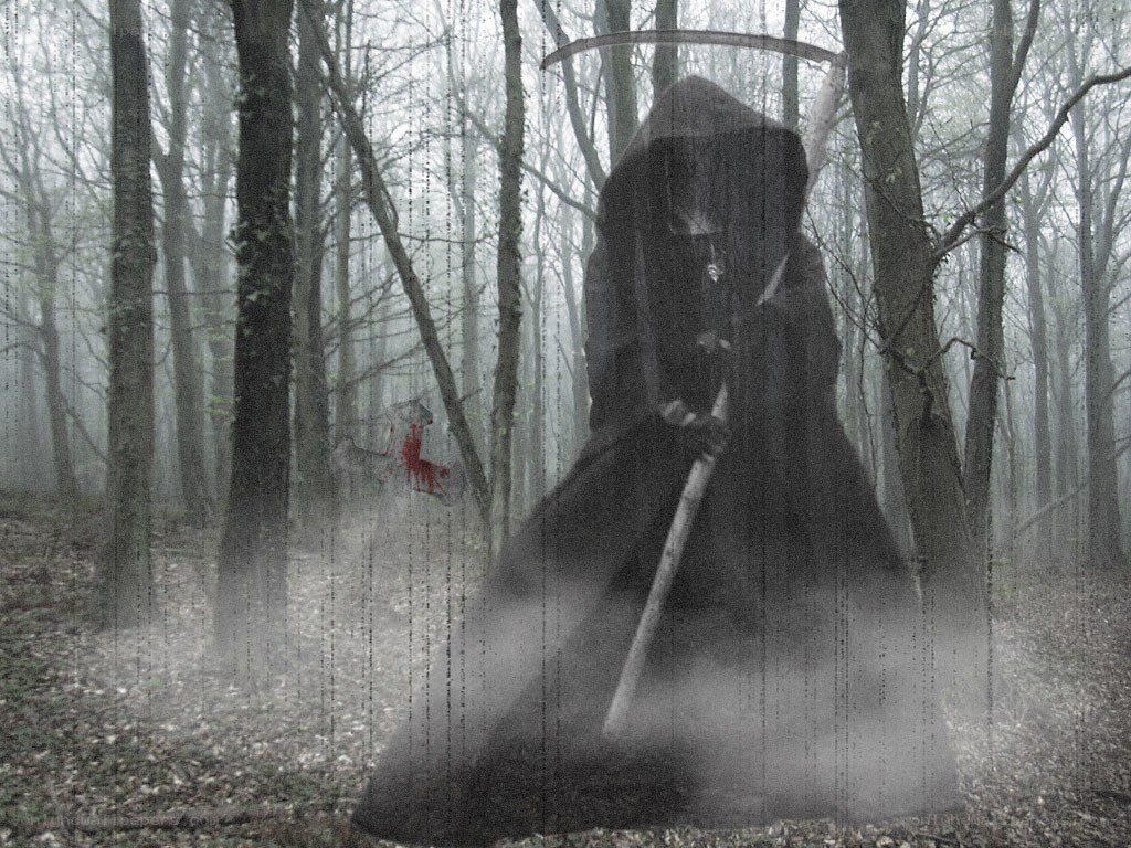 Grim reaper in misty forest