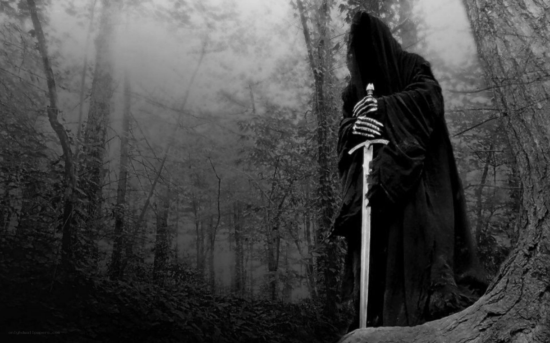 Grim reaper in misty forest
