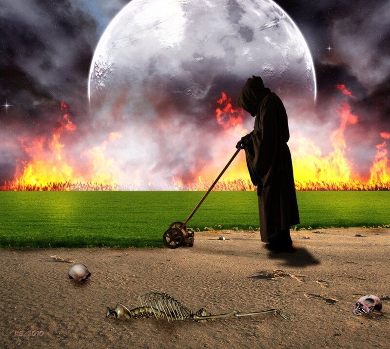 Grim Reaper Mowing Lawn
