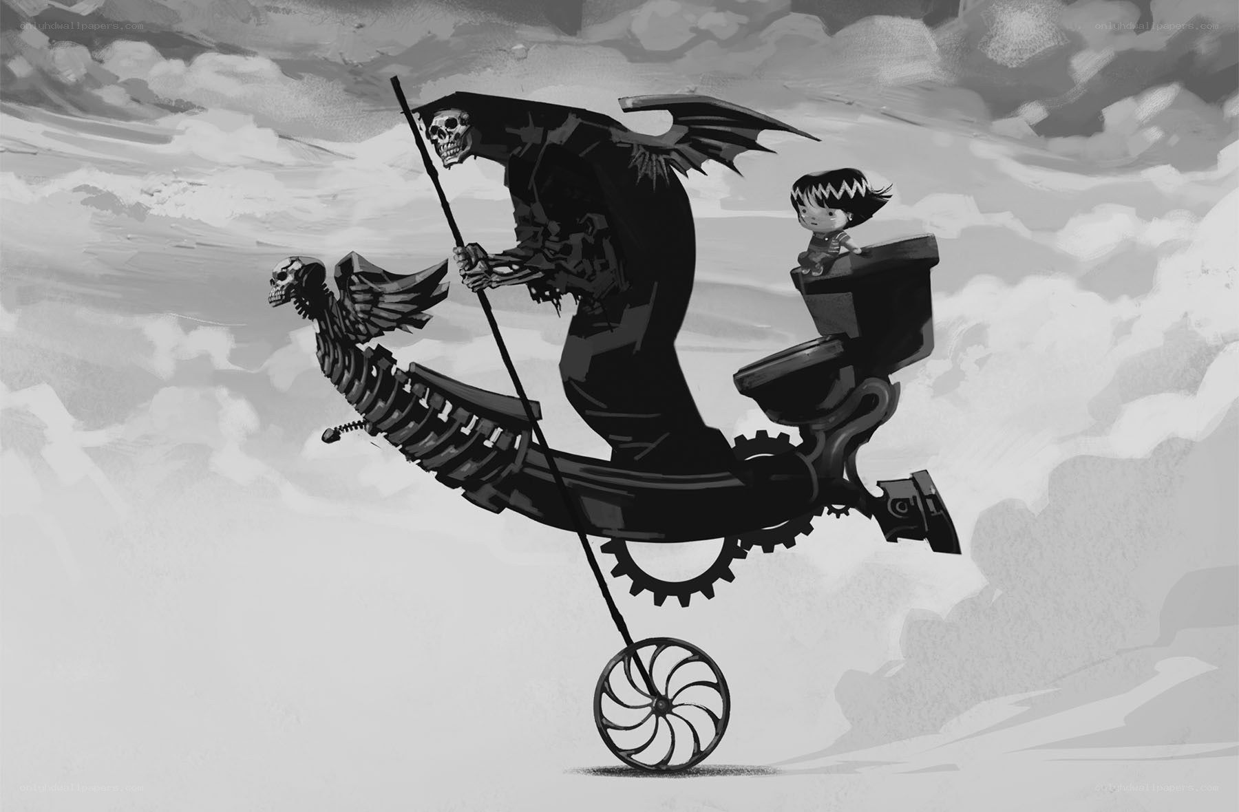 Grim Reaper on a mechanical bike