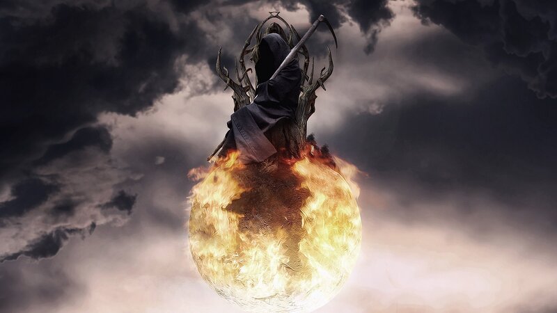 Grim Reaper on Burning Sphere — Black, Dramatic